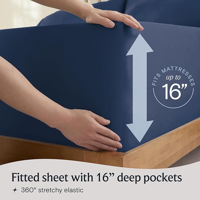 LuxClub 4 PC Queen Sheet Set, Deep Pockets Wrinkle Free Cooling Bed Sheets Hotel Bedding for Women, Men, Kids & Teens, Includes 1 Fitted Sheet, 1 Flat Sheet and 2 Pillowcases - Silky Soft Navy
