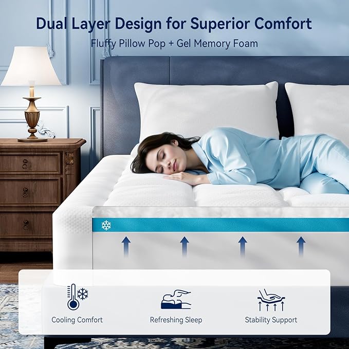 ELEMUSE Queen Size Dual Layer 3 Inch Memory Foam Mattress Topper, 2 Inch Cooling Gel Memory Foam Bed Pad and 1 Inch Soft Pillow Top Mattress Pad for Back Pain Relief & Hot Sleepers