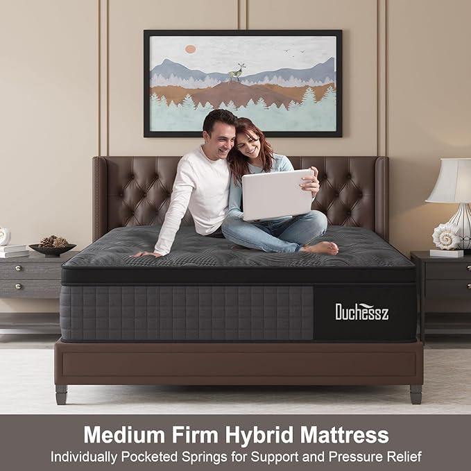 King Mattress, 14 Inch Hybrid Mattresses Black with Gel Memory Foam and Individually Pocket Innerspring Euro Top Medium Firm for Motion Isolation, Edge Support, 100 Night Trial