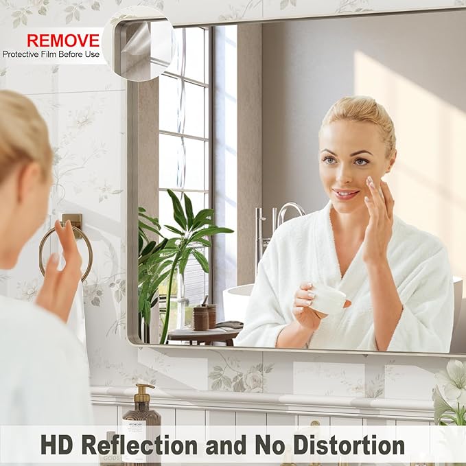 48x30 Inch Brushed Nickel Bathroom Mirror, Large Brushed Silver Metal Framed Wall Mirror, Rounded Corner Rectangle Modern Vanity Mirror, Tempered Glass, Anti-Rust, Shatterproof (Horizontal/Vertical)