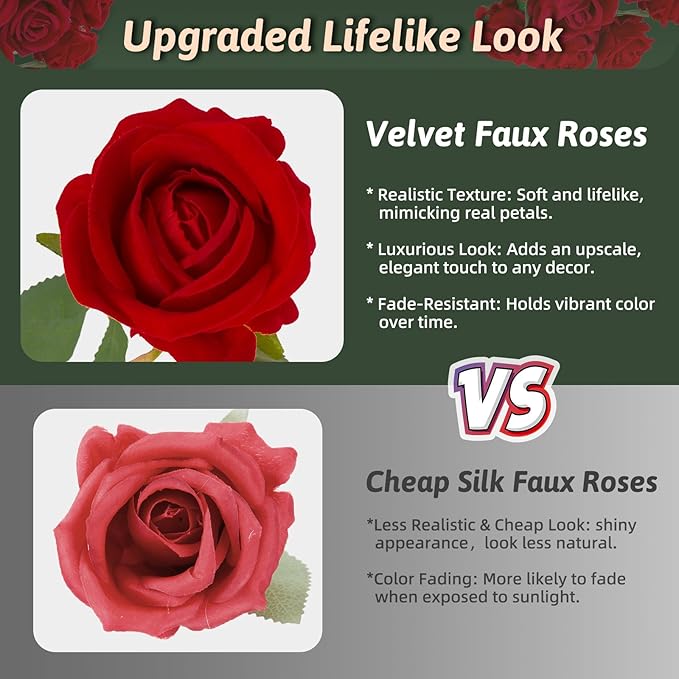 Red Roses Artificial Flowers 50 Pack in Bulk, Fake Roses Flowers Realistic Roses for Wedding Home Party Decoration Event Gift (Red)
