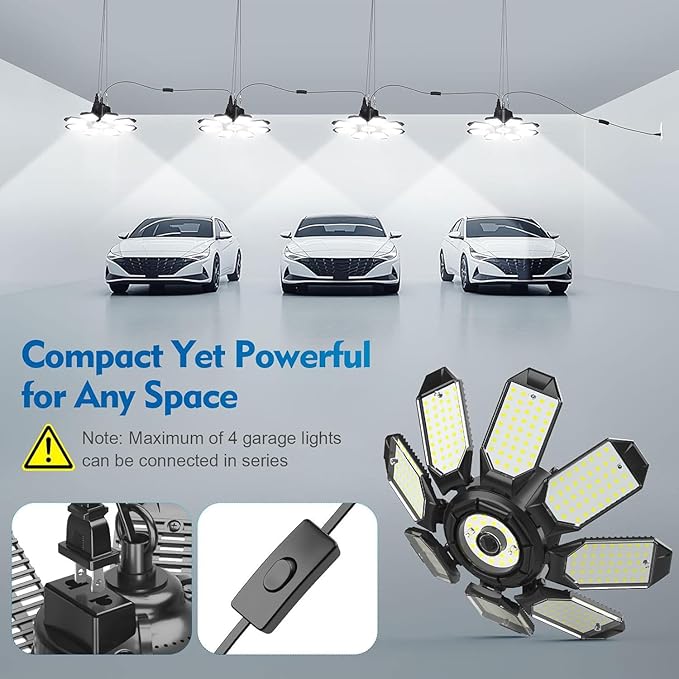 TANBABY Upgrade 250W LED Garage Lights Plug in 2 Pack, Total 50000LM Deformable Lights Ceiling LED Plug in Cord, Plug in Shop Light for Garage Lighting with 8+1 Panels Garages Bulb for Basement