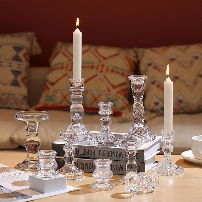 Mumufy 80 Pcs Glass Crystal Taper Candle Holders Clear Glass Candlestick Holder Fit 0.8 Inch Candles Crystal Decorative Candle Stand Centerpiece Table Wedding Dining Party (Classic,Clear)