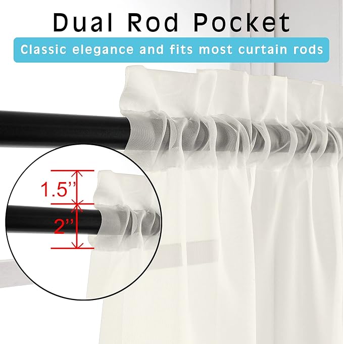 OWENIE Ivory Sheer Valance for Kitchen Windows Set of 2, Small Modern Rod Pocket Voile Valance Curtain Window Treatment Decor for Living Room Bathroom Cafe Laundry Basement, 42" W x 14" L