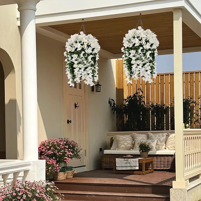 Artificial Bougainvillea Flowers for Outdoor Plant,4 pcs Faux Hanging Flowers Bougainvillea for Outside Decoration,Fake Silk UV Resistant Vines for Front Door Porch(White)
