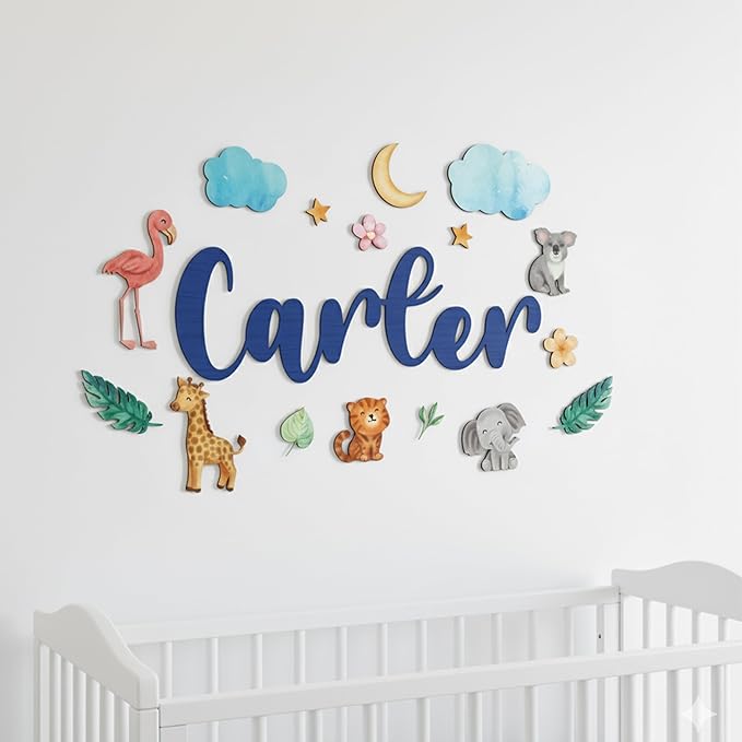 Custom Nursery Name Sign with Themed Decor Kit | Personalized Wooden Wall Art for Baby, Kids Room | Space, Jungle, Circus, Under The Sea, Woodland, Rainbow (60", Jungle/Safari)