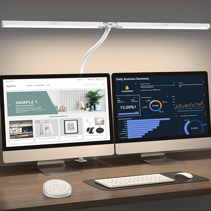 Led Desk Lamp for Office Home - Eye Caring Architect lamp with Clamp,Dual Screen Computer Monitor Gooseneck Smart Light: 24W 5 Color Flexible Adjustable Lighting Table Lamp for Study White