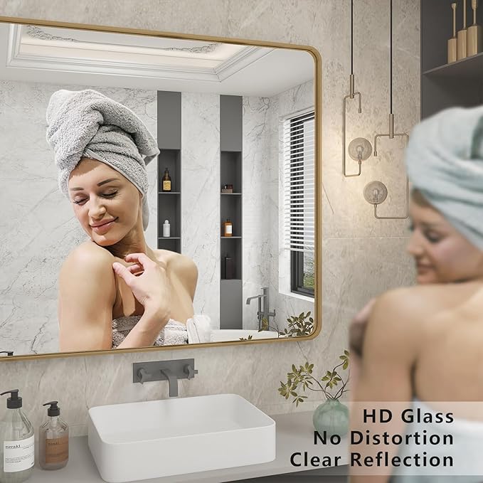 24x36 Brushed Gold Bathroom Mirror, Metal Gold Framed Vanity Mirror, Modern Rectangle Wall Mirror for Entryway, Anti-Rust (Horizontal/Vertical)