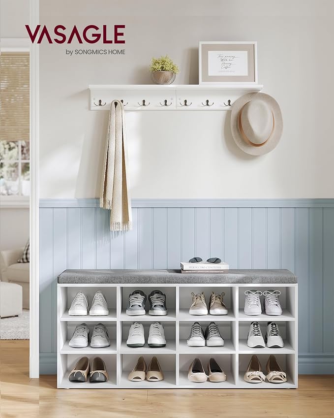 VASAGLE CUSTOS Collection - Shoe Bench, Storage Bench with Padded Seat, Entryway Bench with 12 Compartments, for Bedroom, 11.9 x 40.9 x 18.9 Inches, Cloud White and Slate Gray ULHS012W14