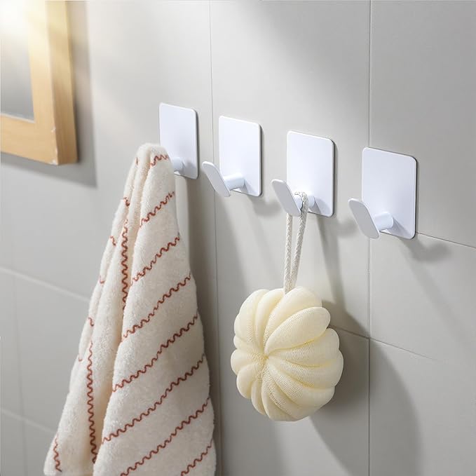 DELITON 4 Pack Adhesive Towel Hooks - White Heavy Duty Self Adhesive Hooks Stick on Wall Hanging Robes Coats Clothes for Bathroom Bedroom Kitchen Door, Stainless Steel