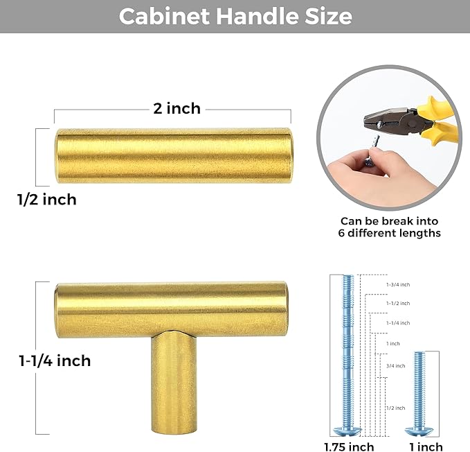 25 Pack Brushed Brass Cabinet Knobs - Kitchen Cabinet Knobs Gold Cabinet Pulls for Kitchen Cabinet Drawer Stainless Steel Dresser Knobs for Cabinet Hardware 2in Length Single Hole T Bar