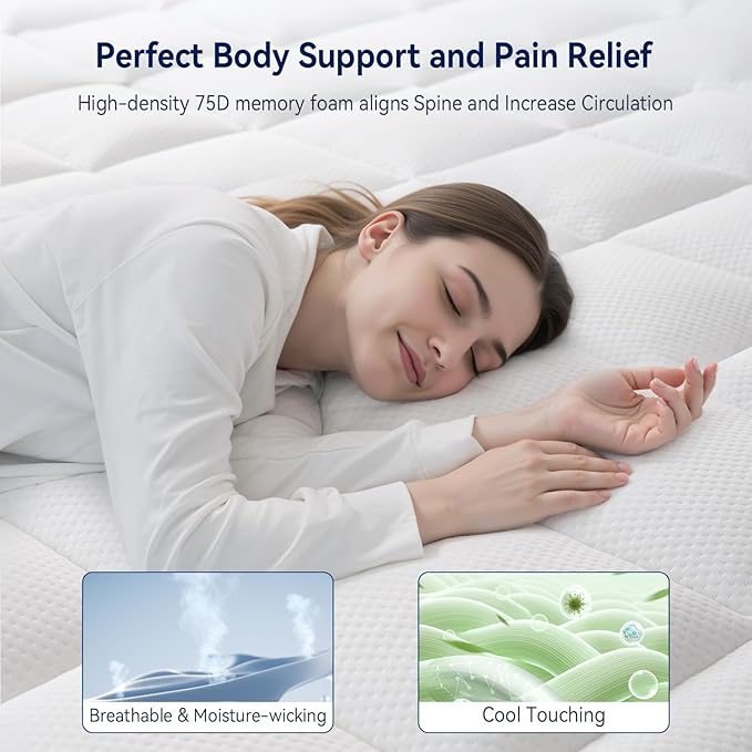 ELEMUSE Queen Size Dual Layer 3 Inch Memory Foam Mattress Topper, 2 Inch Cooling Gel Memory Foam Bed Pad and 1 Inch Soft Pillow Top Mattress Pad for Back Pain Relief & Hot Sleepers
