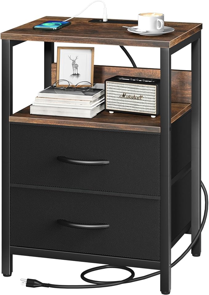 Yoobure Nightstand with Charging Station, Small Night Stand with Fabric Drawers and Storage Shelf for Bedrooms, Nightstands for Small Spaces, Bedside Table with USB Ports & Outlets, Bed Side Table