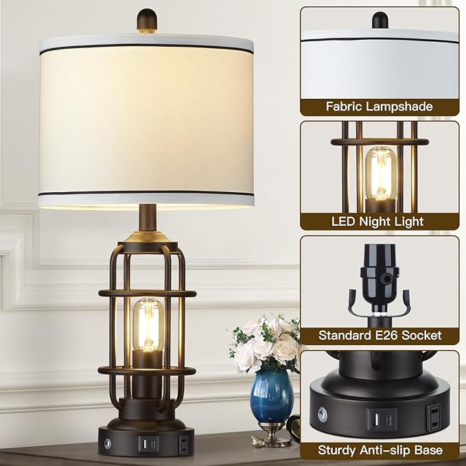 Modern Table Lamps Set of 2, Industrial 3-Way Dimmable Bedside Lamp with USB A+C Ports & AC Outlet, 25" Touch Control Nightstand Lamp LED Night Light for Living Room Bedroom Home(4 Bulbs Included)
