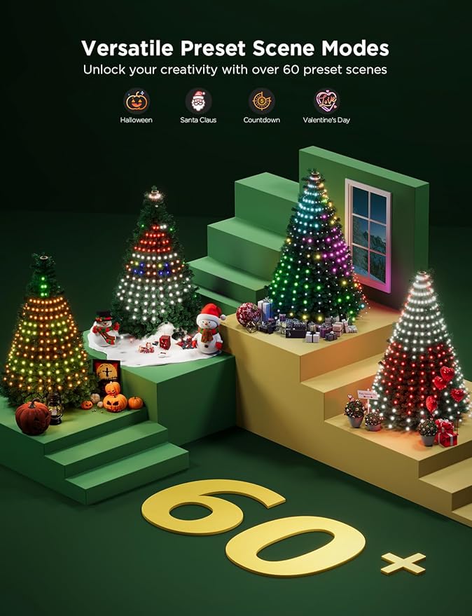 Govee Christmas Tree Lights, Smart RGBIC 480 LEDs Christmas Lights, 6.6ft × 24 String Lights for Holiday Decorations, Music Sync, Voice and APP Control, 60+ Scene Modes, Green Wire, Adapter