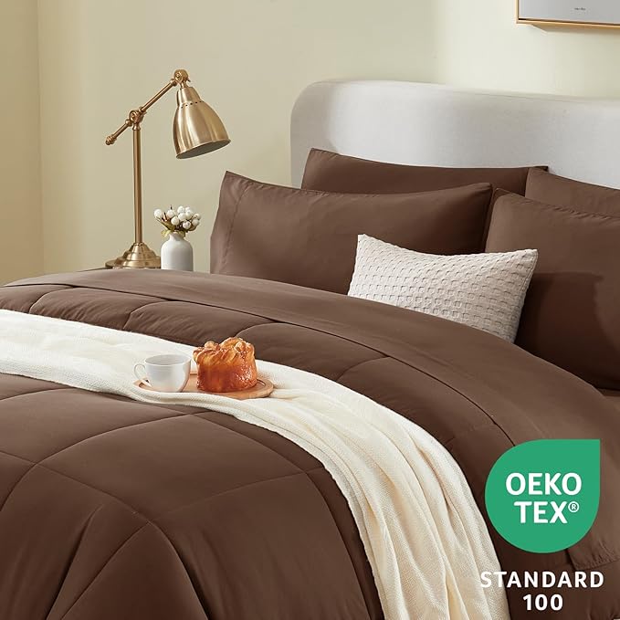 CozyLux King Size Comforter Set Brown, 7 Pieces Bed in a Bag, Brown Comforter King Size, All Season Bedding Sets with Stitch Quilted Comforter, Flat Sheet, Fitted Sheet, Pillowcases
