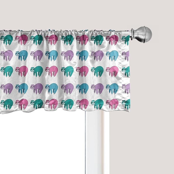 Ambesonne Funny Sloth Window Valance, Colorful Art Repeating Lazy Animal on Plain Backdrop, Curtain Valance for Kitchen Bedroom Decor with Rod Pocket, 42" x 12", Dark Seafoam Pink