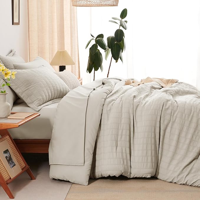 CozyLux California King Comforter Set with Sheets 7 Pieces, Beige Seersucker Bed in a Bag Cal King Luxury Soft Bedding Sets with Down Alternative Comforter, Sheets, Pillowcases & Shams for All Season