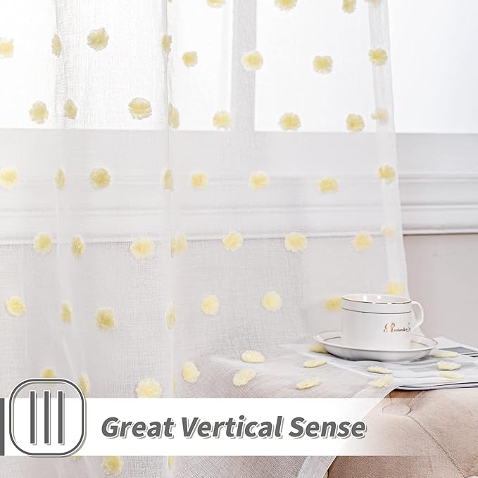 MYSKY HOME Yellow Curtains for Girls Bedroom Nursery Pom Pom Curains for Boys Girls Kids Room White Sheer Curtains for Living Room Playroom Rod Pocket Window 52" x 63" Set of 2