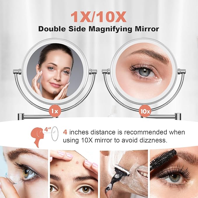 FASCINATE Upgraded Wall Mounted Makeup Mirror with Lights, Super Large Double Sided 1X/10X Magnifying Mirror for Bathroom, 360° Swivel Extendable Plug Touch Sensor Vanity Mirror