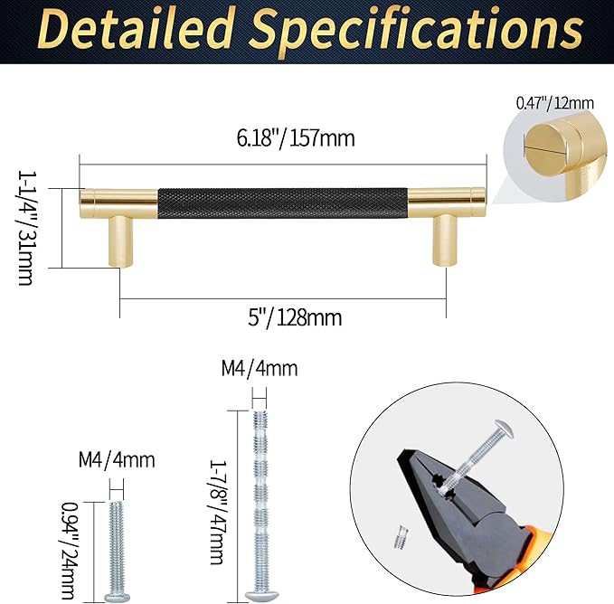 Knurled Cabinet Pulls 12 Pack, 6 Inch Long Cabinet Handles Metal Door Pulls, Kitchen Drawer Pull Knurled Dresser Handles - 5" Hole to Hole, Black & Gold