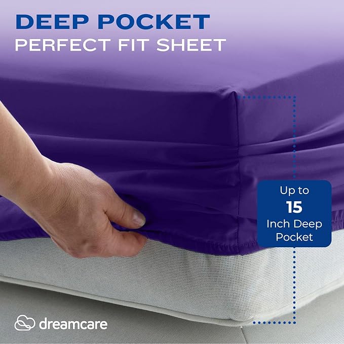 DREAMCARE Twin XL Sheet Set - Cooling Bed Sheets - 4pc Set - up to 15" Deep Pocket - Soft & Long Lasting 100% Fine Brushed Polyester with Side Pocket - Purple