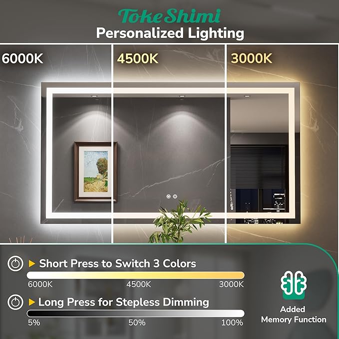 TokeShimi 72x36 LED Mirror for Bathroom with 3-Color Lights,Lighted Vanity Mirror with Lights,Anti-Fog,Stepless Dimmable,HD Tempered Glass,Memory Function,Waterproof,Shatterproof,UL Listed
