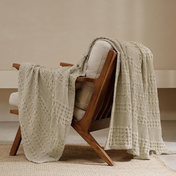 PHF 100% Cotton Waffle Weave Throw Blanket, Soft Lightweight Breathable Cozy Throws for Couch Bed Sofa, Luxury Aesthetic Woven Blanket for Home Decor & Office, 50"x60", Khaki