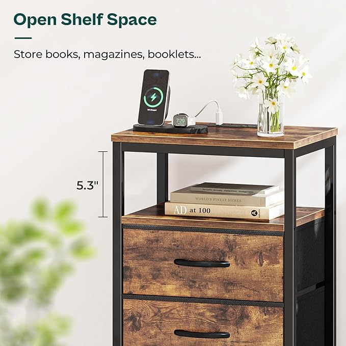 Huuger Nightstand with Charging Station, 27.6 Inch Bedside Table with Fabric Drawers, End Table with USB Ports and Outlets, Night Stand for Bedroom, Rustic Brown