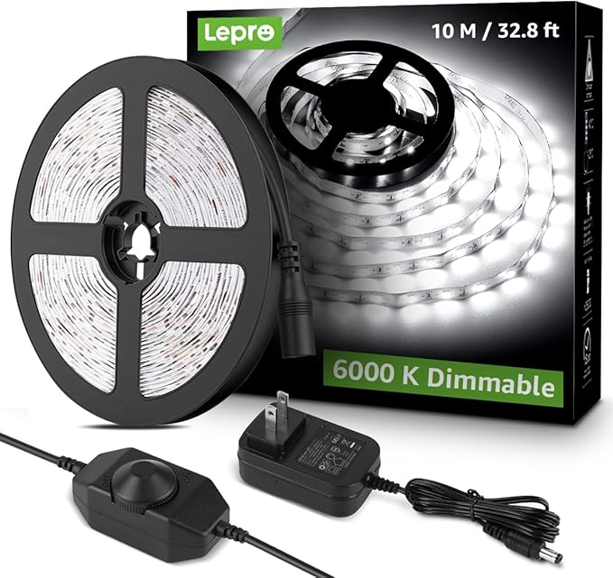 Lepro LED Strip Light, 32.8Ft Dimmable Vanity Lights, 6000K Super Bright LED Tape Lights, 420 LEDs SMD 2835, Strong 3M Adhesive, Suitable for Home, Kitchen, Under Cabinet, Bedroom, Daylight White