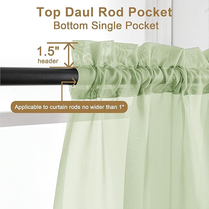 Chyhomenyc Light Green Sheer Curtains 36 inch Length 2 Panels Set, Light Filtering Voile Short Window Curtians for Bathroom Living Room Farmhouse Small Windows, Each 42Wx36L in, 2PCS