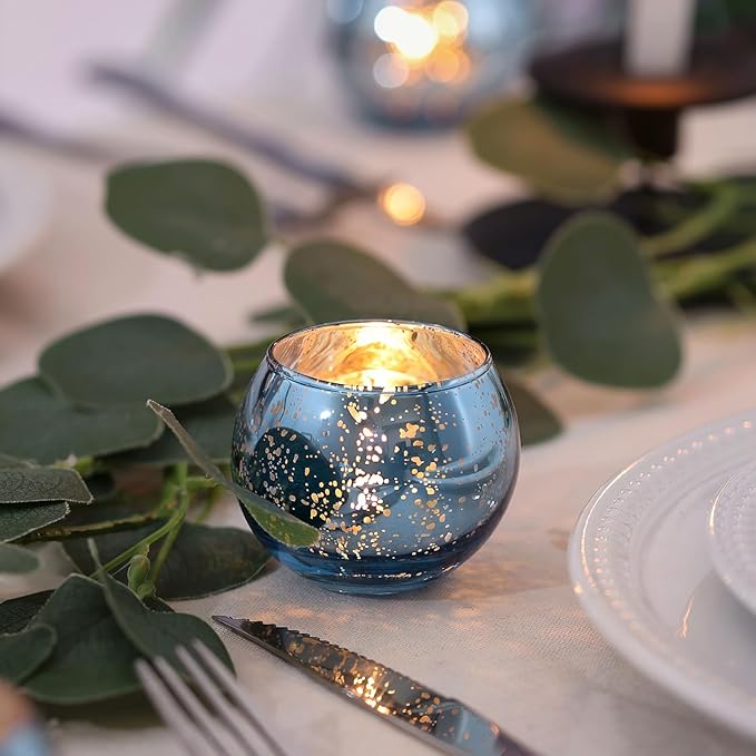 LAMORGIFT 24 Pcs Blue Votive Candle Holders Bulk- Blue Tealight Candle Holders for Wedding Decor, Mercury Glass Votives for Bridal Shower, Baby Shower Table Centerpieces