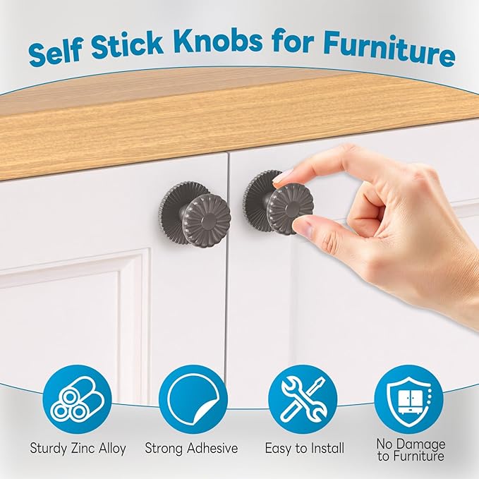 Self Adhesive Drawer Knobs, 8 Pack Self Stick Door Pull Handles, Zinc Alloy No Drilling Cabinet Knobs for Drawer, Closet, Window, Dresser, Sliding Barn/Glass Shower/Balcony Door (8, Grey)