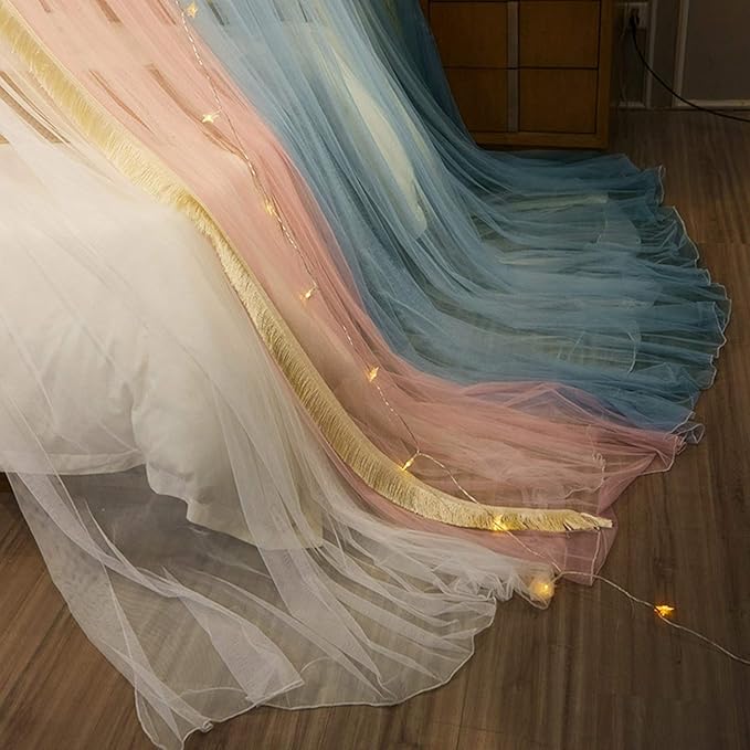 VETHIN Princess Bed Canopy for Girls,Bed Canopy Curtain- Double Layer Sheer Mesh Dome Bed Curtain- Round Lace Princess Mosquito Net Tent for Twin Full Queen King Bed(Blue/Pink/White)