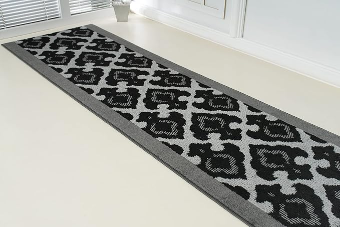 Custom Length Cut to Size Fleur de Lis Inspired Carpet Runner Rug for Hallways, Non Slip Rubber Backed, 31 inch Wide X Customized Length, Royal Grey, 31 inch X 22 feet