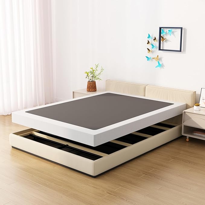 King Box Spring Bed Base 4 inch, Low Profile Metal Box Spring King with Fabric Cover, 3000 Lbs Max Weight Capacity Mattress Foundation, Noise-Free, Easy Assembly