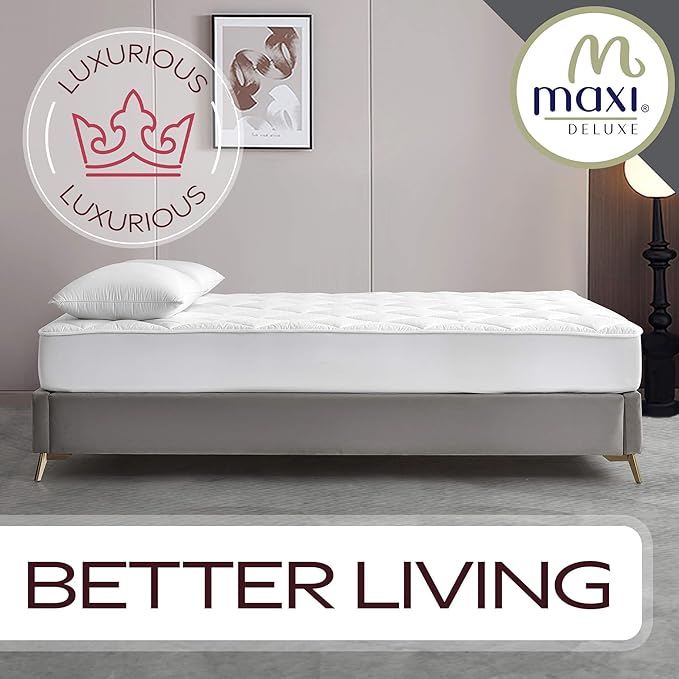 MAXI Full XL Mattress Pad - Luxurious Cotton Sateen Mattress Protector - Soft, Comfortable, and Breatheable Mattress Cover - Mattress Pad Protects Mattress from Dust, Dirt, Spills, and Stains.