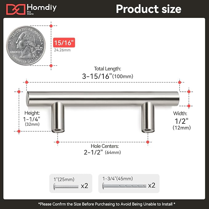 homdiy Brushed Nickel Cabinet Pulls Cabinet Handles, 2-1/2in(64mm) Center to Center Dresser Drawer Handles Silver Drawer Pulls for Kitchen, Bedroom, Bathroom, Wardrobe Hardware