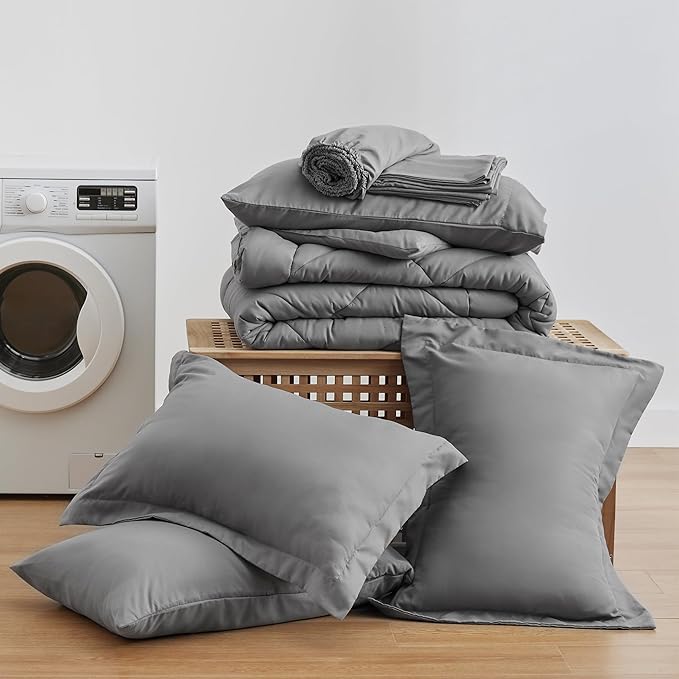 Love's cabin Full Comforter Set Grey, 7 Pieces Full Bed in a Bag, All Season Bedding Sets with 1 Comforter, 1 Flat Sheet, 1 Fitted Sheet, 2 Pillowcase and 2 Pillow Sham