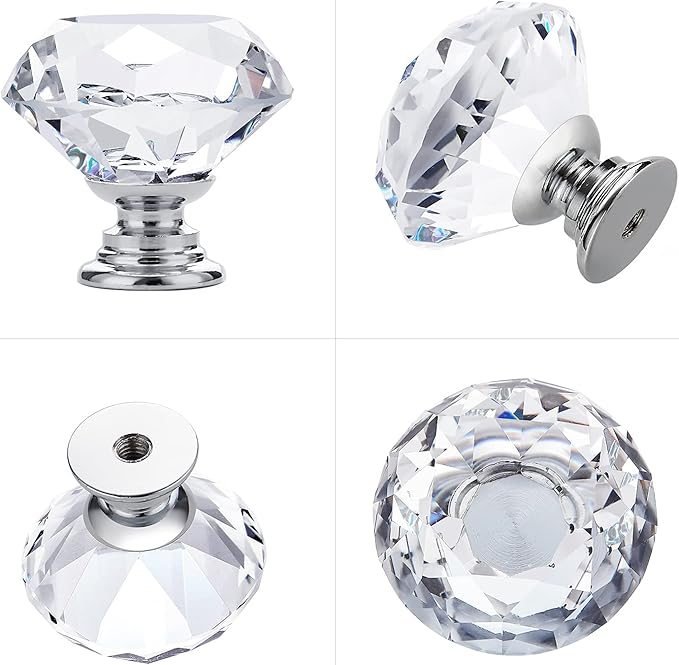 Ravinte 25 Pack Crystal Drawer Knobs - Glass Cabinet Knobs, Diamond Shaped, 30 mm, Silver Base