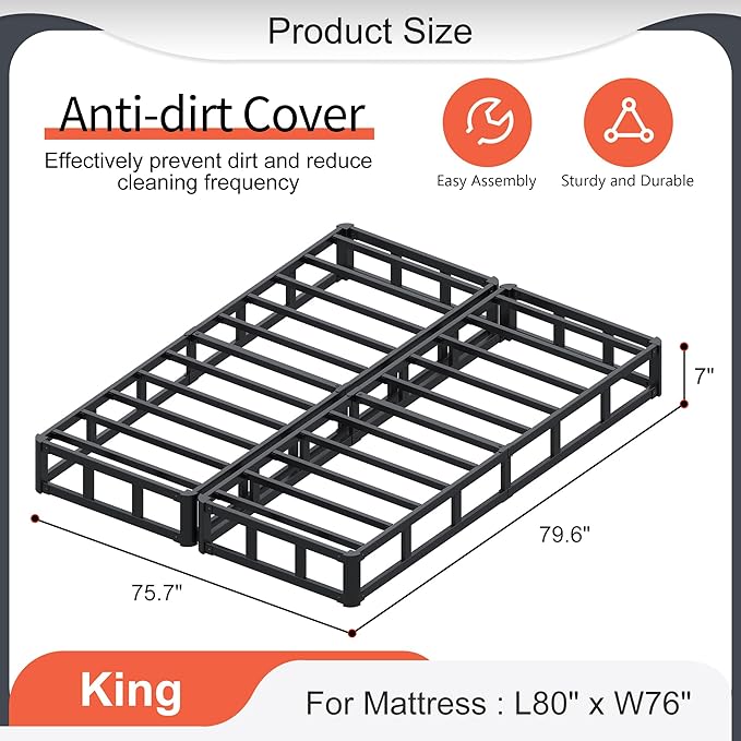 Split King Box Spring 7 Inch, Heavy Duty Metal Box Spring King Size with Fabric Cover, Noise-Free, Quick Assembly
