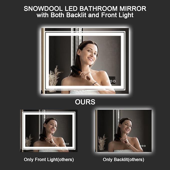 LED Bathroom Mirror, 48"X24" with Front and Backlit, Anti-Fog, Large Bathroom Vanity Mirror for Wall, Memory Function, Stepless Dimmable, Tempered Glass (Horizontal/Vertical)
