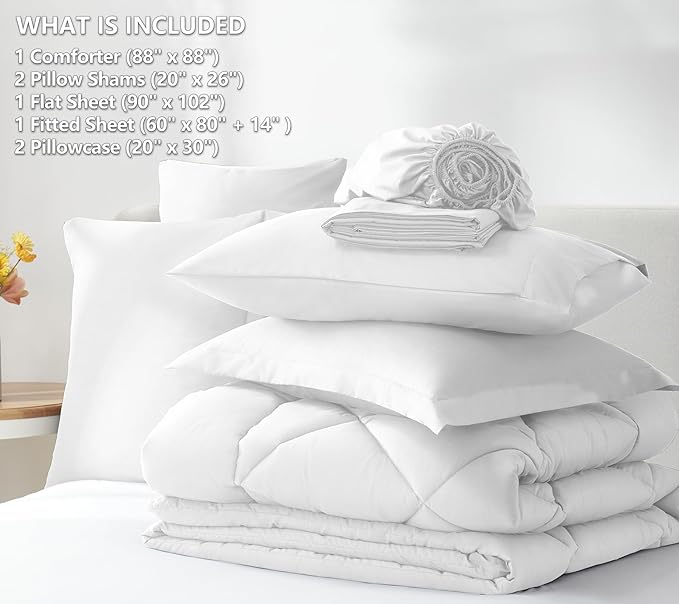 CozyLux Queen Comforter Set White - Bed in a Bag Queen Size 7 Pieces, Luxury Soft Bed Set for All Seasons, Bedding Set with Down Alternative Comforter, Sheets, Pillowcases & Shams
