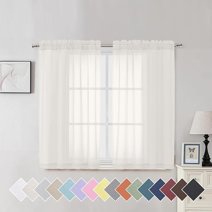 Aiyufeng Ivory Sheer Curtains for Living Room 45 inch Length 2 Panels Set, Rod Pocket Semitransparent Balance Privacy & Light Vertical Sheer Drapes for Bedroom, W40 x L45
