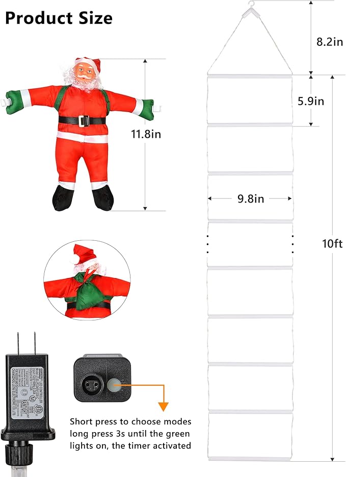 Toodour LED Christmas Lights - 10ft Christmas Decorative Ladder Lights with Santa Claus, Xmas Decorations Light for Indoor Outdoor, Window, Garden, Home, Wall, Xmas Tree Decor - Multicolor