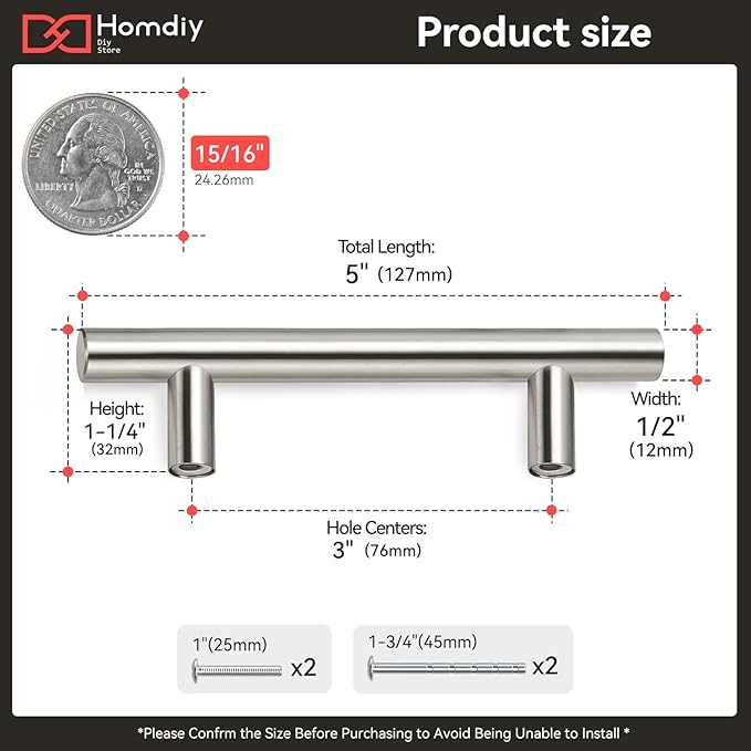 homdiy Cabinet Handles Brushed Nickel Cabinet Pulls 76mm 3 inch Hole Centers - HD201SN 1 Pack T Bar Cupboard Drawer Pulls Stainless Steel