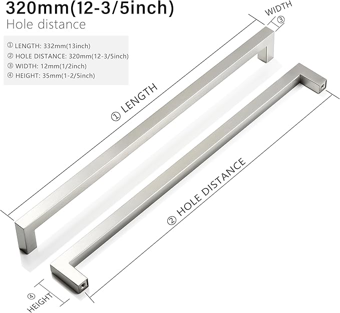 Cabinet Pulls Brushed Nickel Cabinet Handles Square Drawer Pulls, 20 Pack 12-3/5 Inch Stainless Steel Kitchen Door Cupboard Handles, Cabinet Hardware Drawer Handles, 320mm Hole Centers