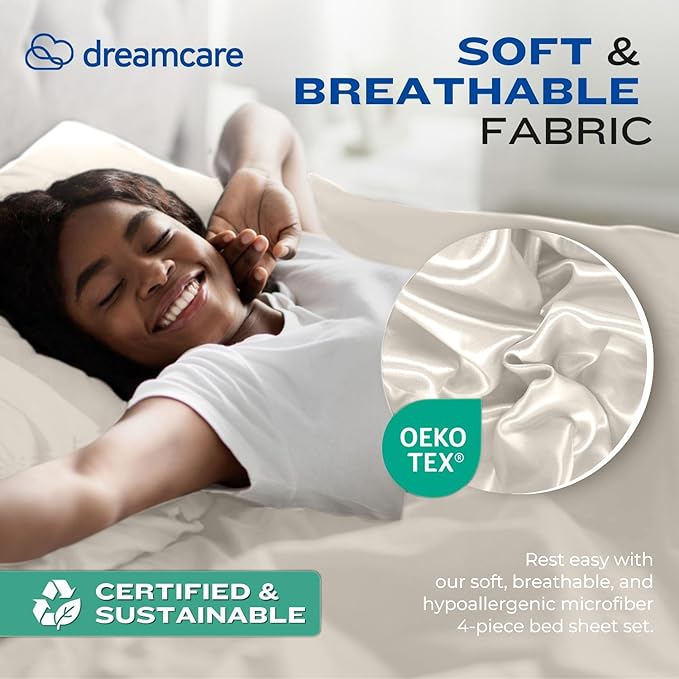 DREAMCARE Twin XL Sheet Sets - 4pc Cooling Sheets XL Twin Sheets - up to 21” Deep Pocket – Hotel Luxury Extra Long Twin XL Bed Sheets 100% Brushed Microfiber with Side Pocket - Ivory