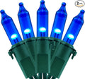 YULETIME 200 Blue Christmas Lights, Pack of 2 Sets 33 Feet 100 Count UL Certified Incandescent-Like LED Mini String Lights (Blue - Green Wire)
