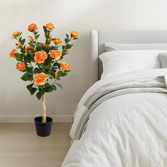 3FT Artificial Camellia Tree, 2 Pack Fake Camellia Tree Artificial Tree, Faux Floral Plants in Cement Pot, Greenery Potted Plant for Indoor Outdoor Home Office Porch Decor (Orange)
